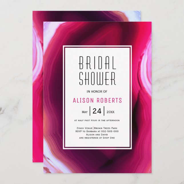 Invitation Fuchsia rose agate tranche mariage douche nuptiale (Devant / Derrière)
