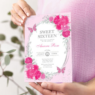 Invitation Fuchsia Rose Argent Sweet Seize 16e Anniversaire