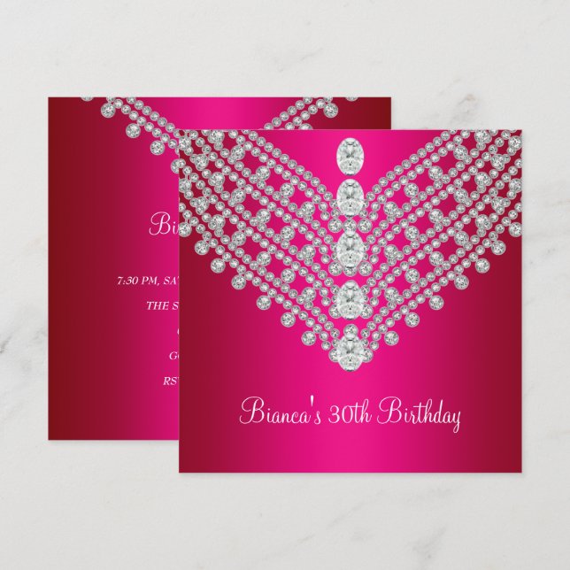 Invitation Fuchsia Rose Diamant Blanc Jewel 30e Anniversaire (Devant / Derrière)