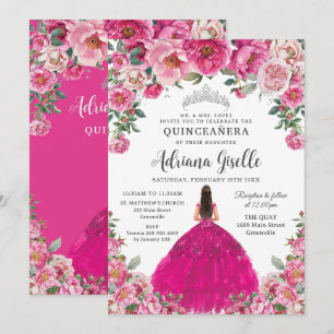 Invitation Fuchsia Rose Floral Argent Quinceanera XV Douze 16