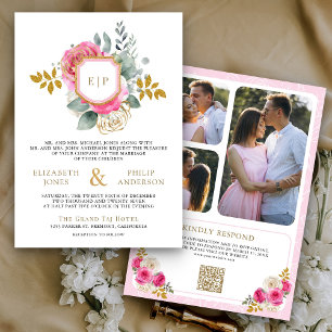 Invitation Fuchsia Rose Floral Code QR Crête Photo Mariage