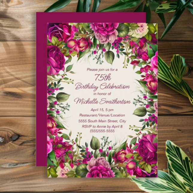 Invitation Fuchsia Rose Floral Green Feuilles 75e anniversair (Fuchsia and pink watercolor floral 75th birthday party invitation)