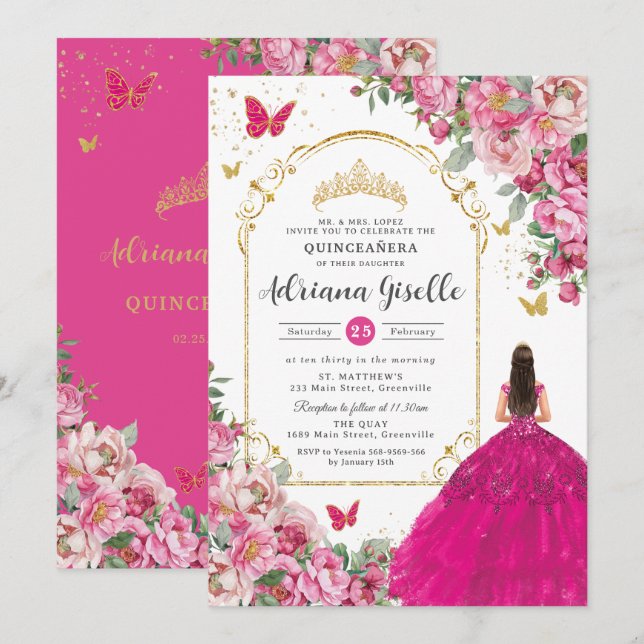 Invitation Fuchsia Rose Floral Or Quinceañera Sweet 16 XV (Devant / Derrière)