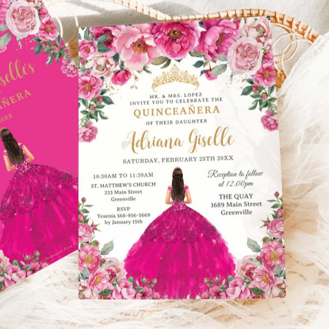 Invitation Fuchsia Rose Floral Or Quinceanera XV Sweet 16 (Créateur téléchargé)