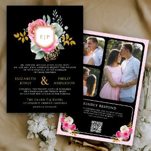 Invitation Fuchsia rose Floral QR Code Black Crest Mariage