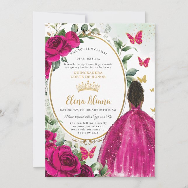 Invitation Fuchsia Rose Floral Roses Quinceañera Demande de D (Devant)