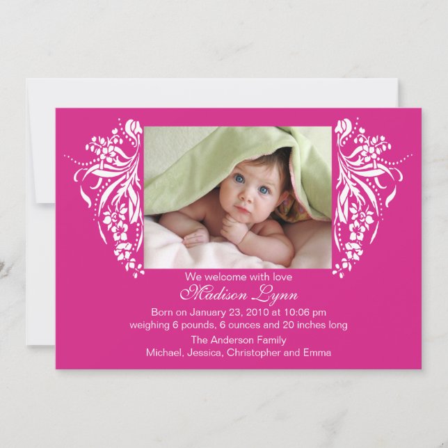 Invitation Fuchsia, rose florissante nouvelle naissance de bé (Devant)