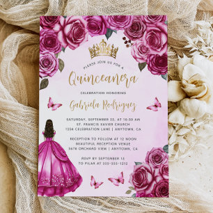 Invitation Fuchsia Rose Gold Floral Aquarelle Quinceañera
