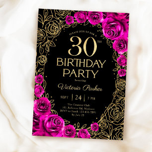Invitation Fuchsia rose noir et or pour 30e anniversaire flor