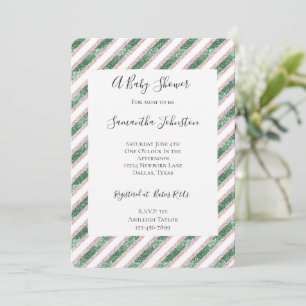Invitation Fuchsia Rose Vert Pailleté Glam Rayures Baby Showe
