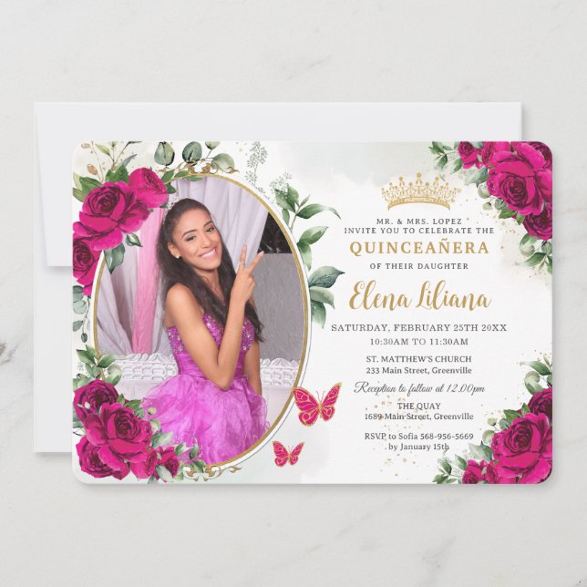 Invitation Fuchsia Roses Rose Fuschia Chaude Quinceañera  Pho (Devant)