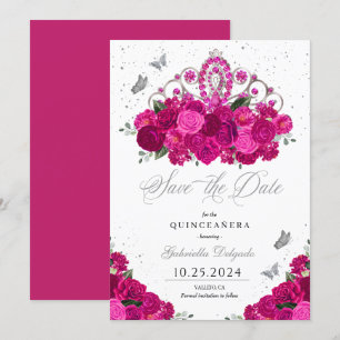 Invitation Fuchsia & Silver Tiara Enregistrer La Date Quincea
