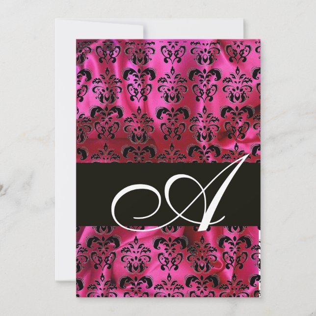 Invitation FUCHSIA  TISSU DE SOIE NOIR DAMAS MONOGRAMME ,blan (Devant)