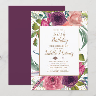 Invitation Fuchsia Violet Bohème Plume Floral Or 50e Annivers