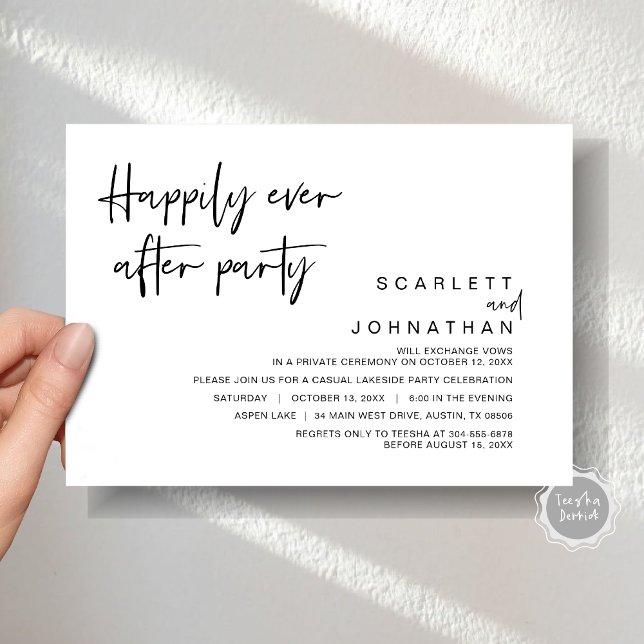 Invitation Fuite de mariage, fête de bonheur éternel (Wedding Elopement, Happily Ever After Party Invitation Card, Printed file, Modern minimalist script)