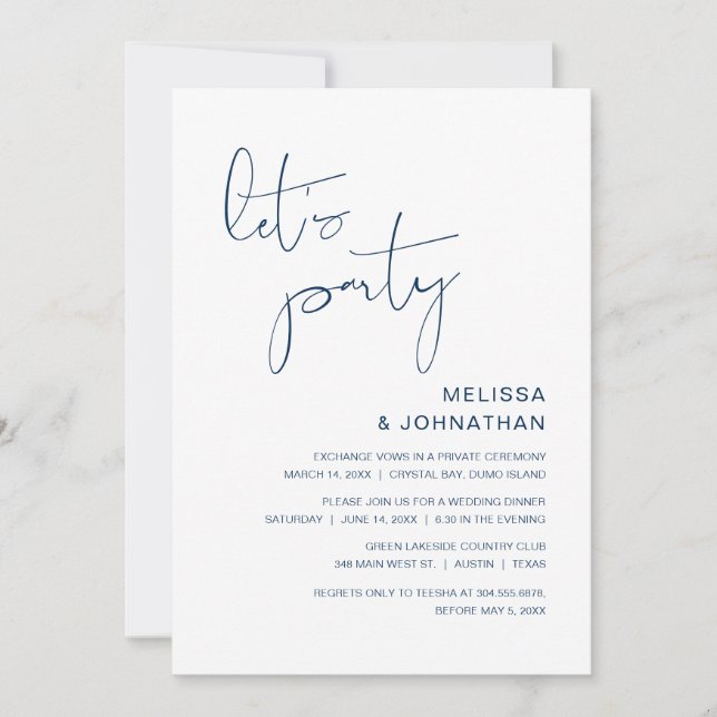 Invitation Fuite en amoureux pour mariage. Fêtons, élégant Bl (Devant)