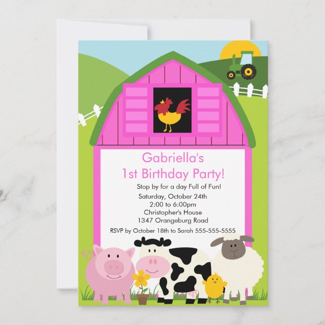 Invitation Fun Animal de Barnyard Fun Birthday Party Pink Gir (Devant)