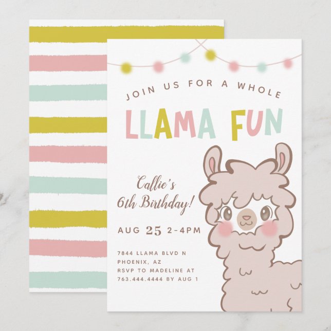 Invitation Fun Anniversaire de enfant de Llama entière (Devant / Derrière)