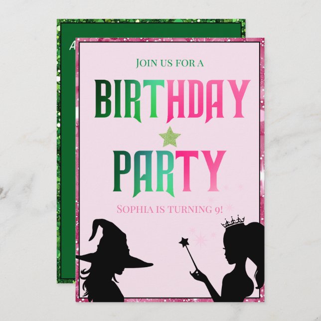 Invitation Fun Anniversaire Soirée Vert Rose Glinda (Devant / Derrière)