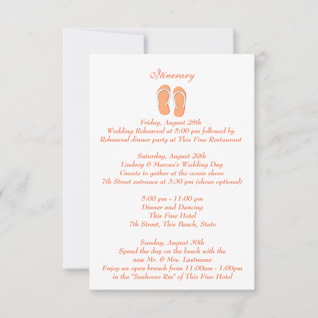 Invitation Fun Beach Flip Flops Orange Mariage Intinéraire (Devant)