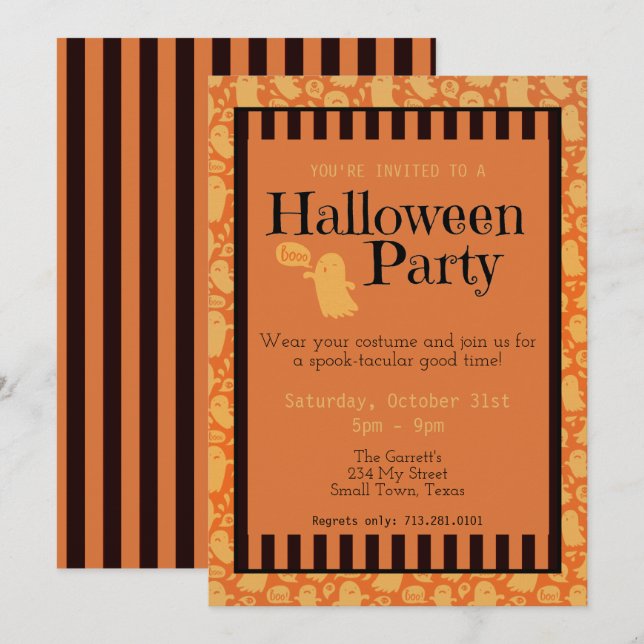 Invitation Fun Black Orange Ghost Cute Halloween Party (Devant / Derrière)