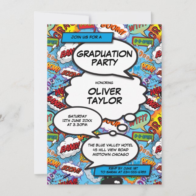 Invitation Fun Blue Comic Book de la fête de graduation moder (Devant)