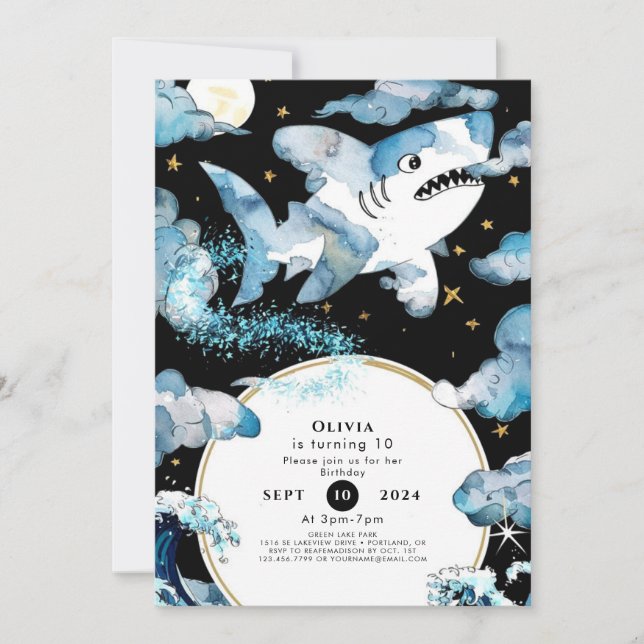Invitation Fun Blue Editable Shark Anniversaire (Devant)