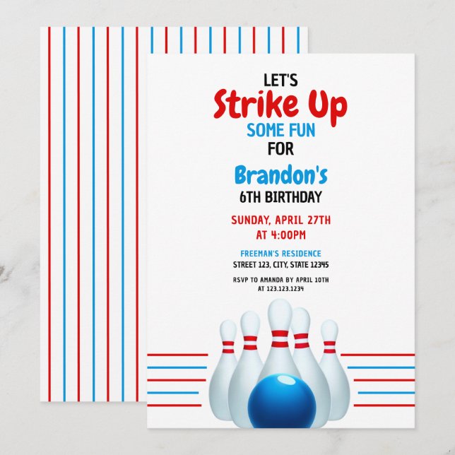 Invitation Fun Blue & Red Bowling Kids 6e anniversaire (Devant / Derrière)