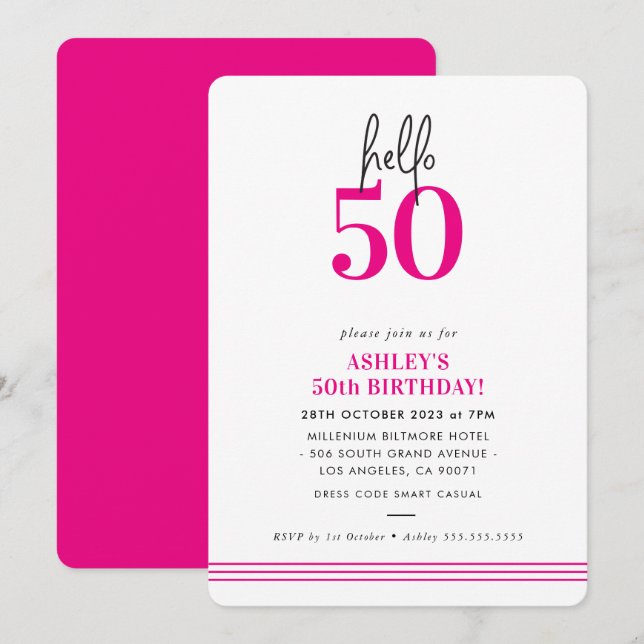 Invitation FUN Bonjour 50 moderne 50e anniversaire fête rose (Devant / Derrière)