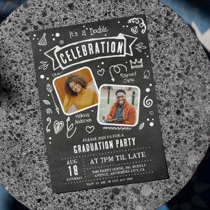 Invitation Fun Chalkboard Doodle Double Graduation Party