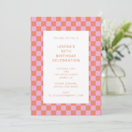 Invitation Fun Checkerboard rose Orange Géométrique Anniversa