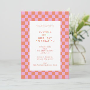 Invitation Fun Checkerboard rose Orange Géométrique Anniversa