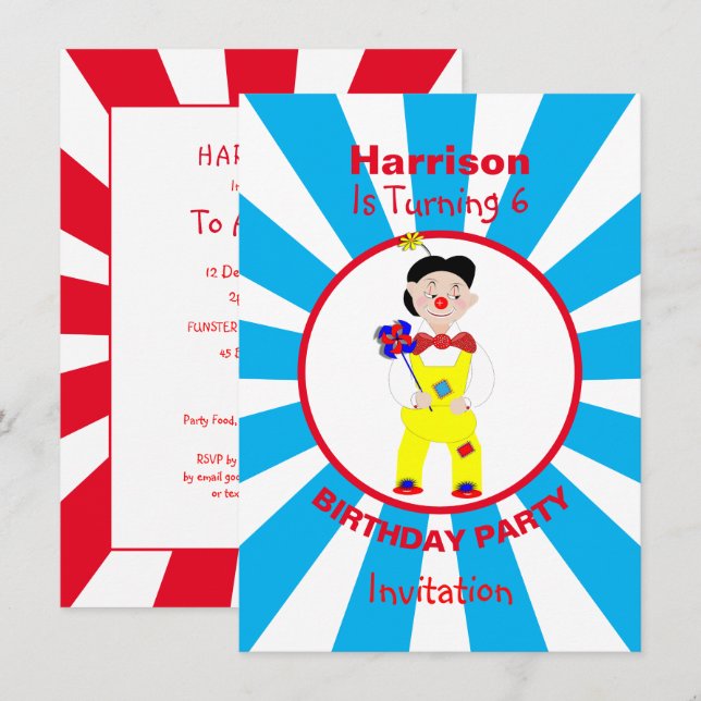 Invitation Fun Clown Anniversaire de enfant Party Personnalis (Devant / Derrière)