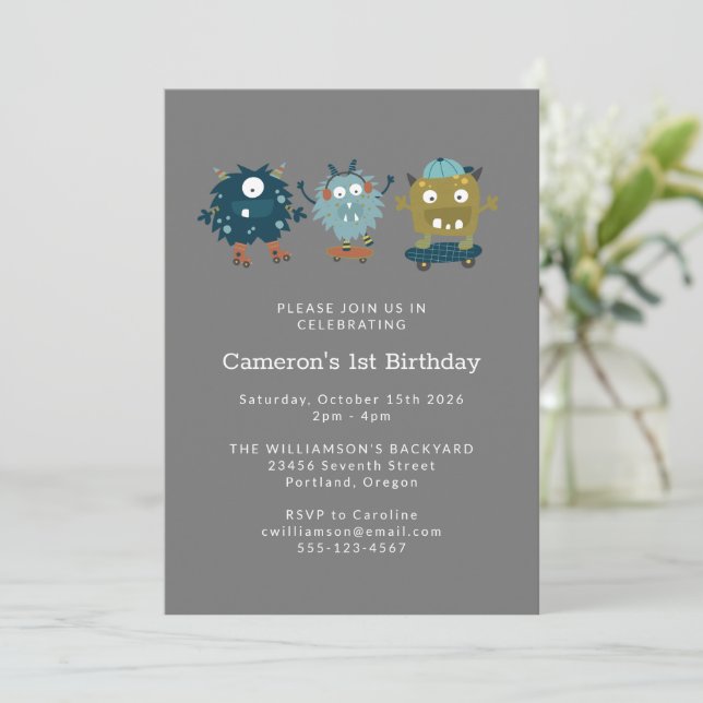 Invitation Fun Cute Skateboard Monster 1er anniversaire fête (Debout devant)