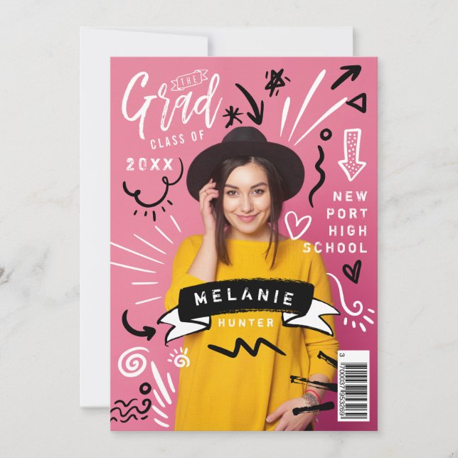 Invitation Fun Doodle Sketch Magazine Couverture Girl Grad (Devant)