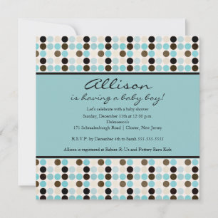 Invitation FUN Dots Baby shower de garçon bleu et Brown
