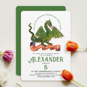 Invitation Fun Drôle Chevalier Dragon Vert Médiéval Quest Enf