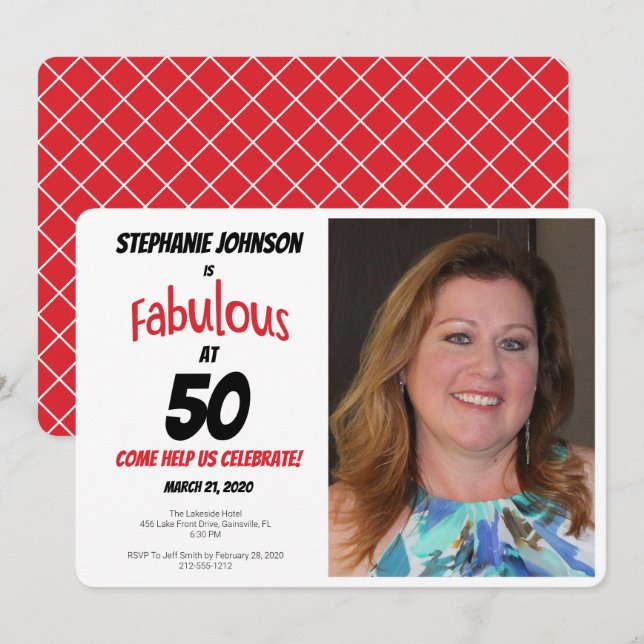 Invitation Fun Fabulous à 50 Red and Black Birthday Party (Devant / Derrière)