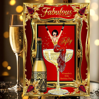 Invitation Fun Fabulous Birthday Red Gold Champagne Party