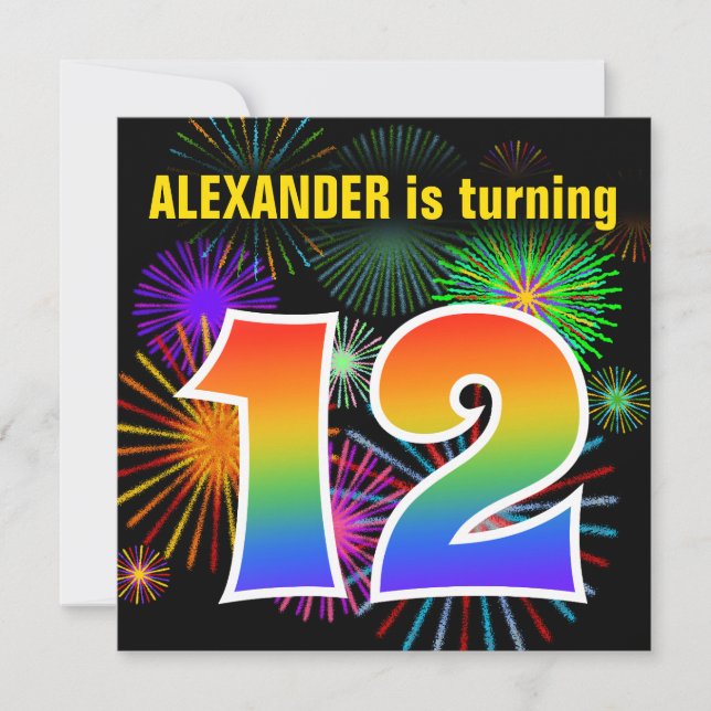Invitation Fun Fireworks + Rainbow Motif "12" Anniversaire # (Devant)