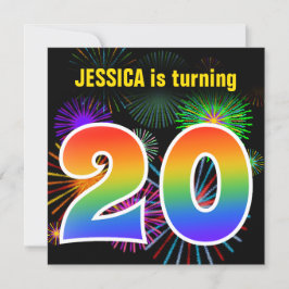Invitation Fun Fireworks + Rainbow Motif "20" Anniversaire #