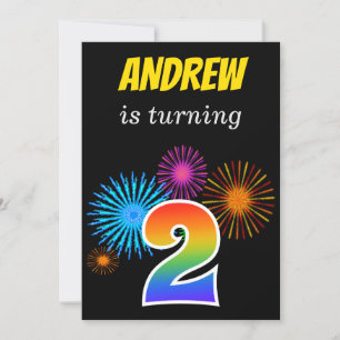 Invitation Fun Fireworks + Rainbow Motif "2" Anniversaire #