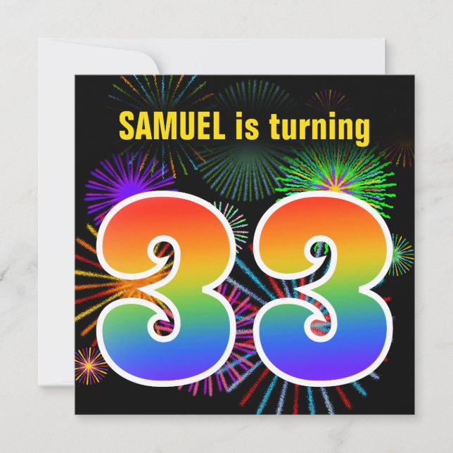 Invitation Fun Fireworks + Rainbow Motif "33" Anniversaire # (Devant)
