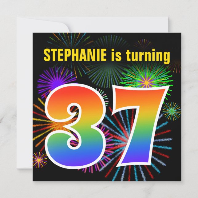 Invitation Fun Fireworks + Rainbow Motif "37" Anniversaire # (Devant)