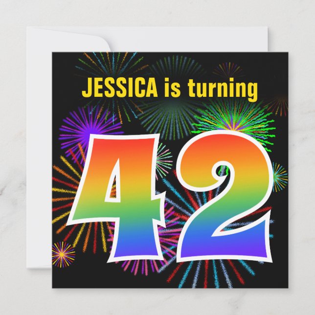 Invitation Fun Fireworks + Rainbow Motif "42" Anniversaire # (Devant)