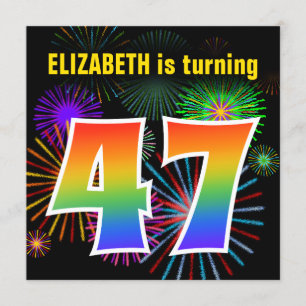 Invitation Fun Fireworks + Rainbow Motif "47" Anniversaire #