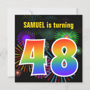 Invitation Fun Fireworks + Rainbow Motif "48" Anniversaire #