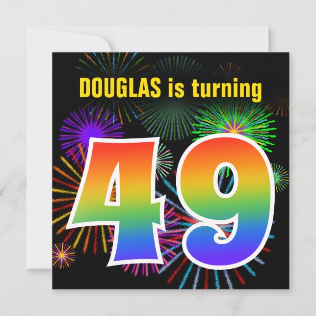 Invitation Fun Fireworks + Rainbow Motif "49" Anniversaire # (Devant)