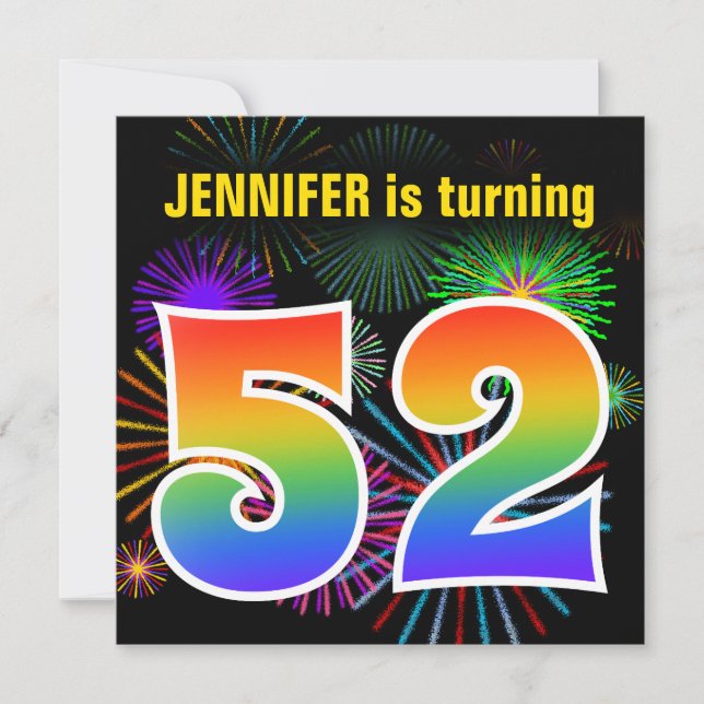 Invitation Fun Fireworks + Rainbow Motif "52" Anniversaire # (Devant)