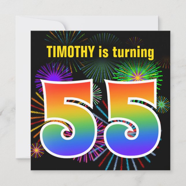 Invitation Fun Fireworks + Rainbow Motif "55" Anniversaire # (Devant)